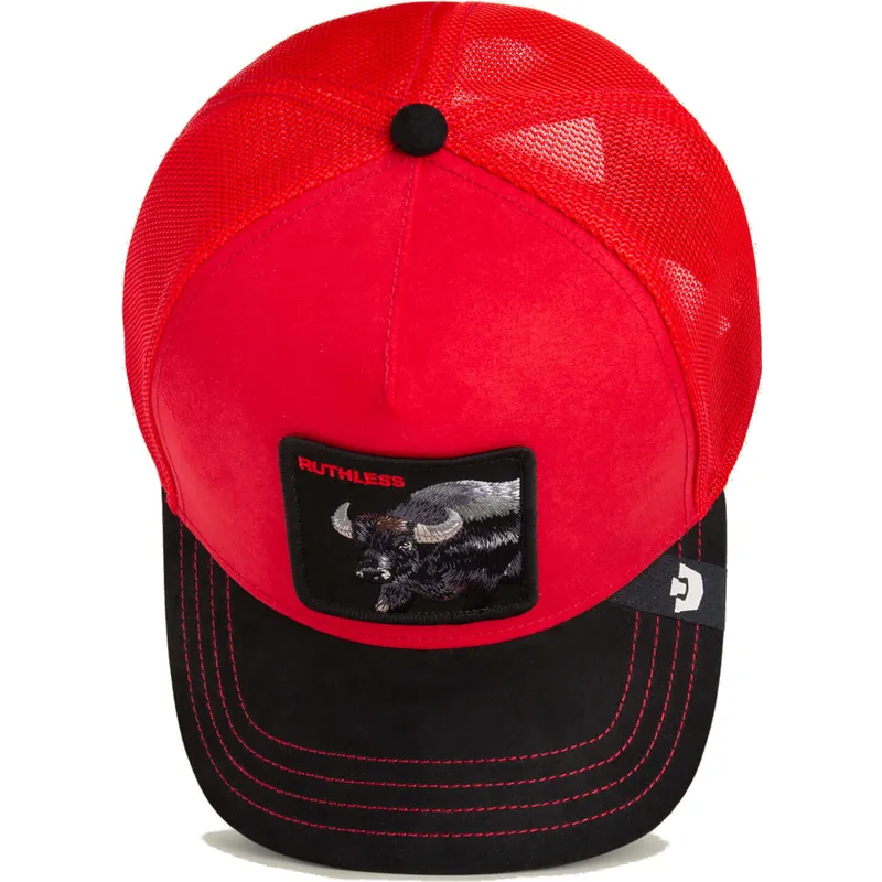 cappellino-trucker-rosso-e-nero-bufalo-ruthless-buffalo-suede-the-farm-di-goorin-bros