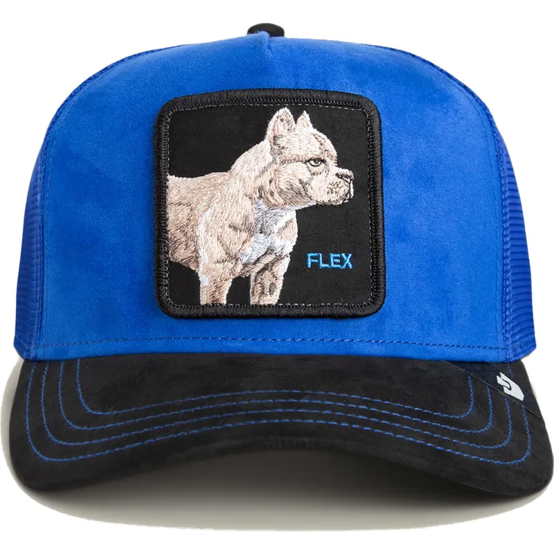 goorin-bros-the-farm-flex-pitbull-suede-blau-schwarze-trucker-cap-mit-pitbull-motiv