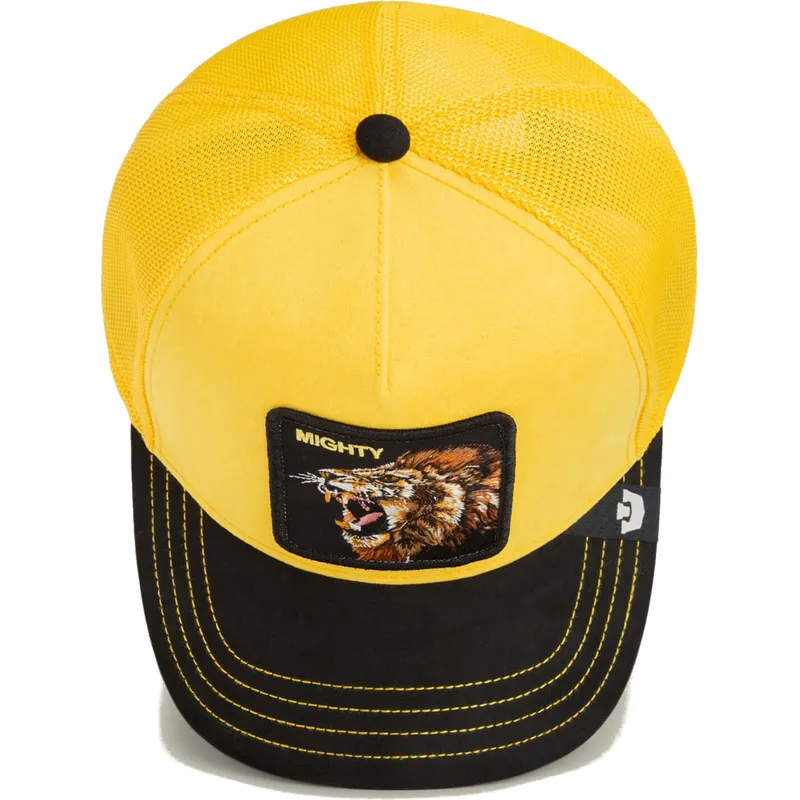 goorin-bros-the-farm-mighty-lion-suede-gelb-schwarze-trucker-kappe-mit-lowenmotiv