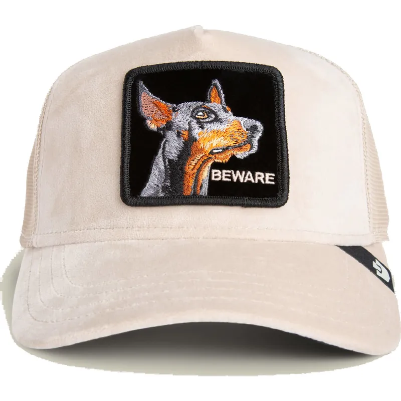 trucker-kappe-beige-dobermann-hund-beware-doberman-velour-the-farm-von-goorin-bros