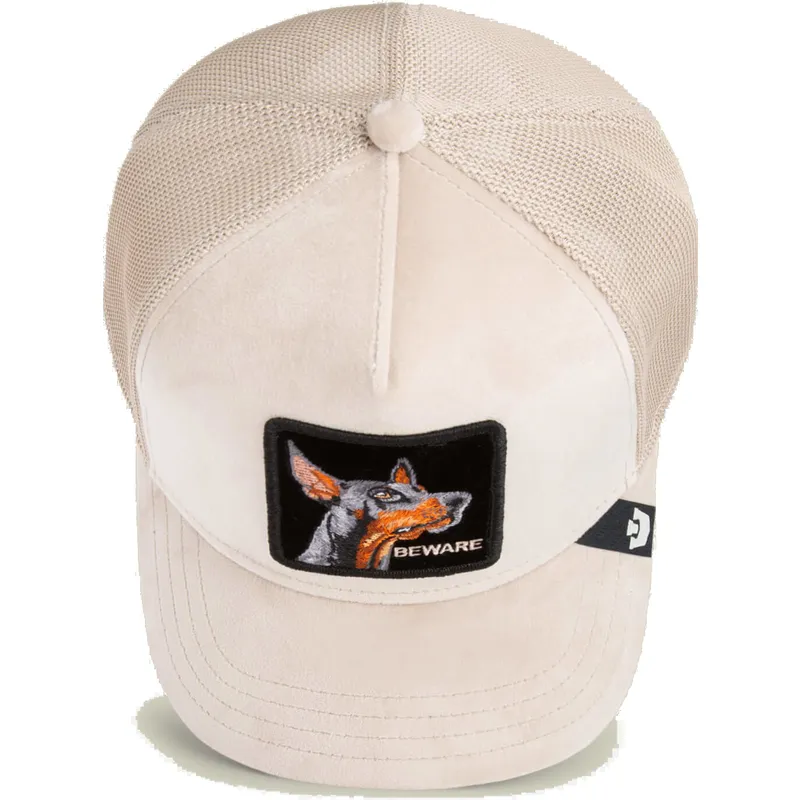 trucker-kappe-beige-dobermann-hund-beware-doberman-velour-the-farm-von-goorin-bros