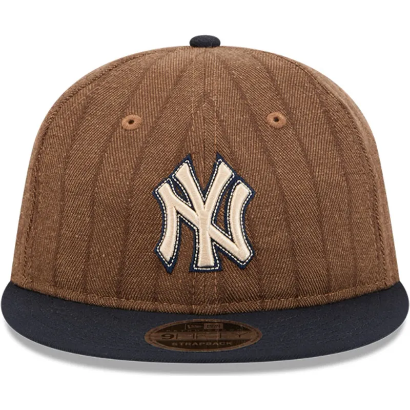 brun-och-marinbla-justerbar-platt-keps-9fifty-retro-crown-wool-pinstripe-fran-new-york-yankees-mlb-av-new-era