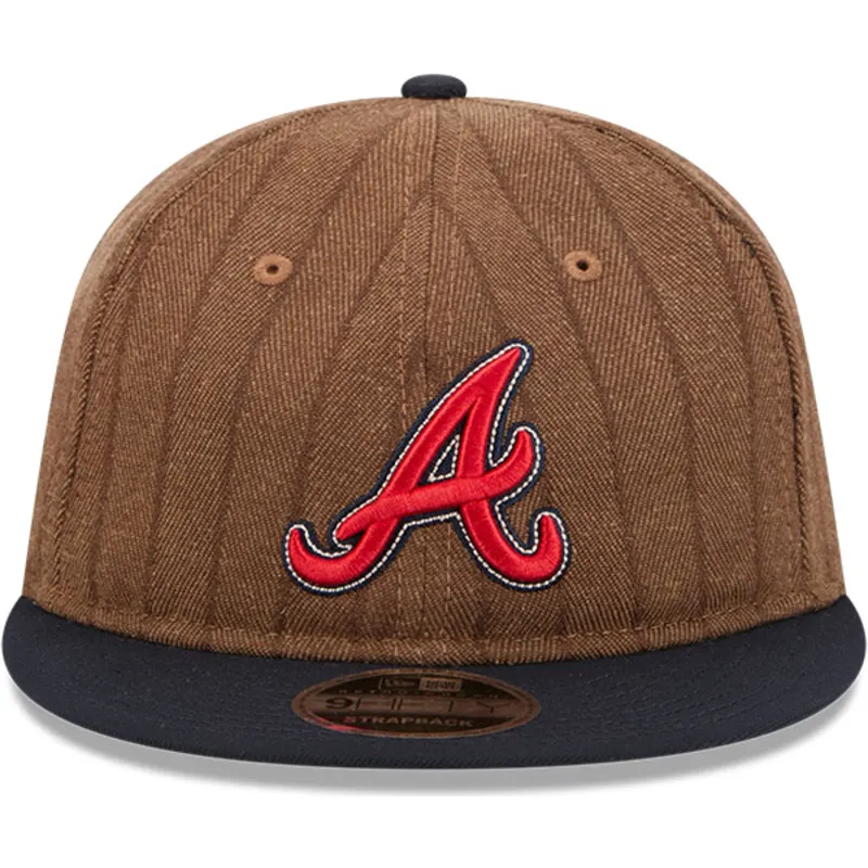 cappellino-piatto-marrone-e-blu-navy-regolabile-9fifty-retro-crown-wool-pinstripe-degli-atlanta-braves-mlb-di-new-era