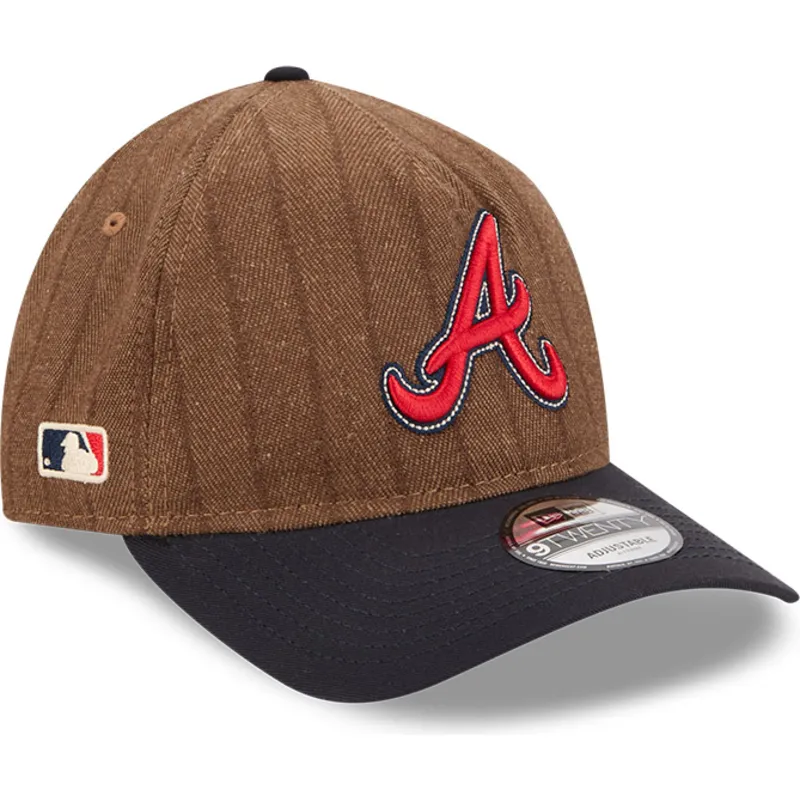 cappellino-curvo-marrone-e-blu-navy-regolabile-9twenty-a-frame-wool-pinstripe-degli-atlanta-braves-mlb-di-new-era