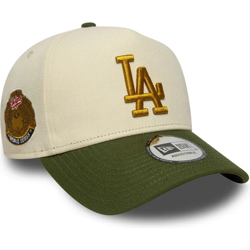 cappellino-curvo-beige-e-verde-snapback-9forty-e-frame-world-series-patch-dei-los-angeles-dodgers-mlb-di-new-era
