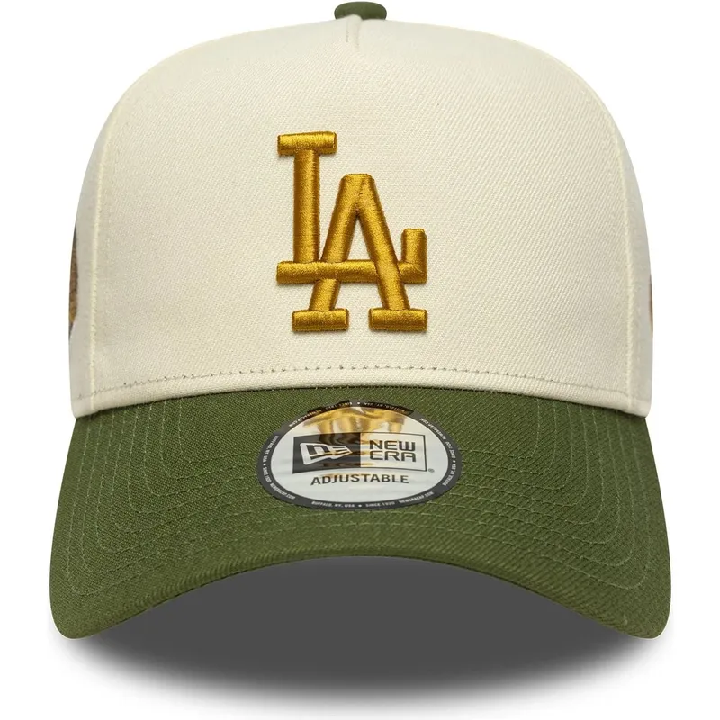 cappellino-curvo-beige-e-verde-snapback-9forty-e-frame-world-series-patch-dei-los-angeles-dodgers-mlb-di-new-era