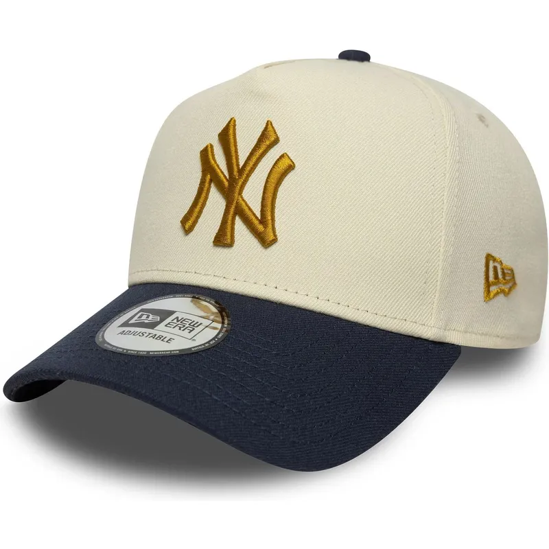 cappellino-curvo-beige-e-blu-navy-snapback-9forty-e-frame-world-series-patch-dei-new-york-yankees-mlb-di-new-era