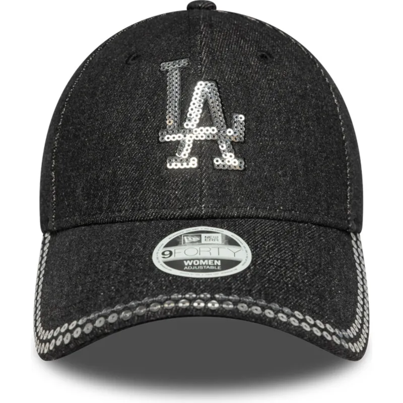 cappellino-curvo-nero-regolabile-da-donna-9forty-sequin-denim-dei-los-angeles-dodgers-mlb-di-new-era