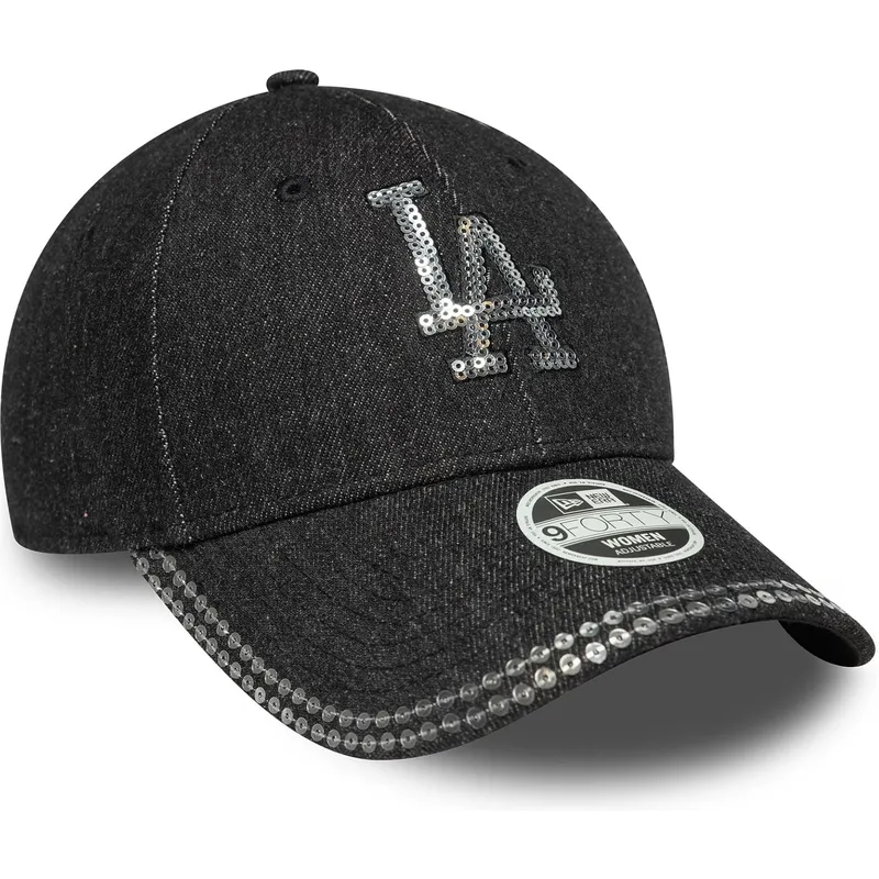 schwarze-verstellbare-damenkappe-9forty-sequin-denim-los-angeles-dodgers-mlb-von-new-era
