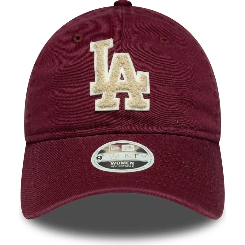 verstellbare-damen-kappe-mit-gebogenem-schirm-in-granatrot-und-beigem-logo-9twenty-boucle-der-los-angeles-dodgers-mlb-von-new-er