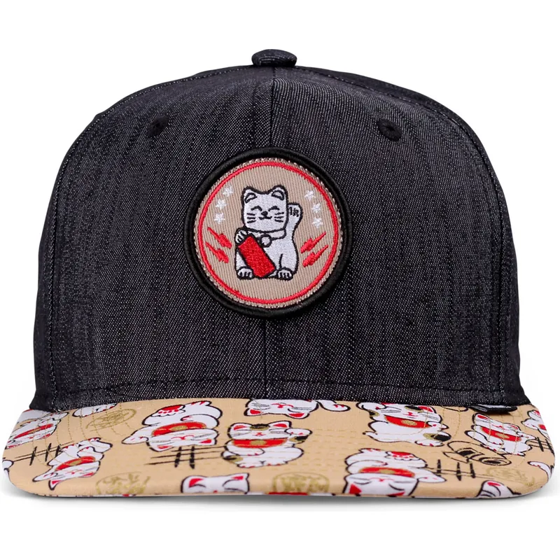 cappello-piatto-nero-e-multicolore-snapback-per-bambino-lucky-cat-linen-rev-di-djinns