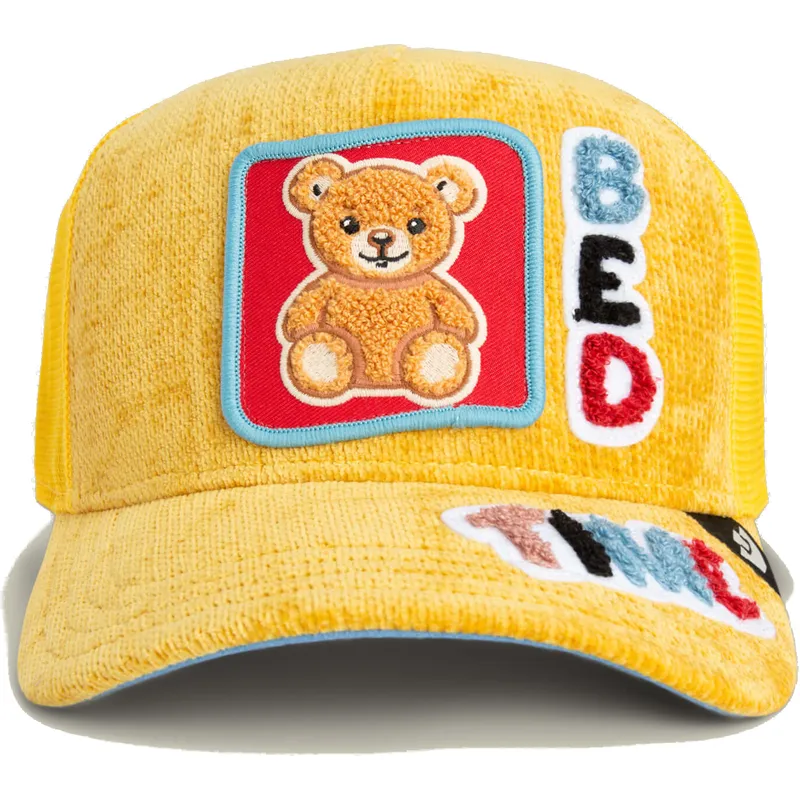 cappellino-trucker-giallo-e-blu-orso-bed-time-duvet-all-det-happy-thoughts-the-farm-di-goorin-bros