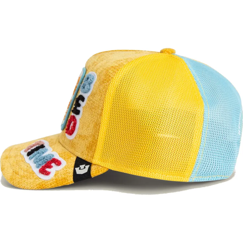 cappellino-trucker-giallo-e-blu-orso-bed-time-duvet-all-det-happy-thoughts-the-farm-di-goorin-bros