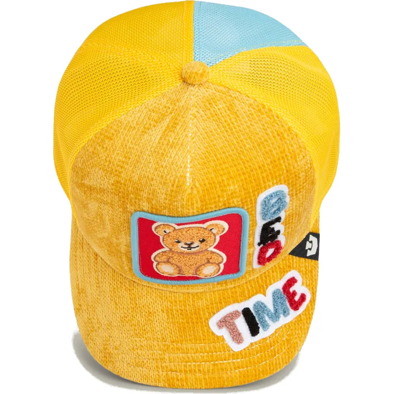 cappellino-trucker-giallo-e-blu-orso-bed-time-duvet-all-det-happy-thoughts-the-farm-di-goorin-bros