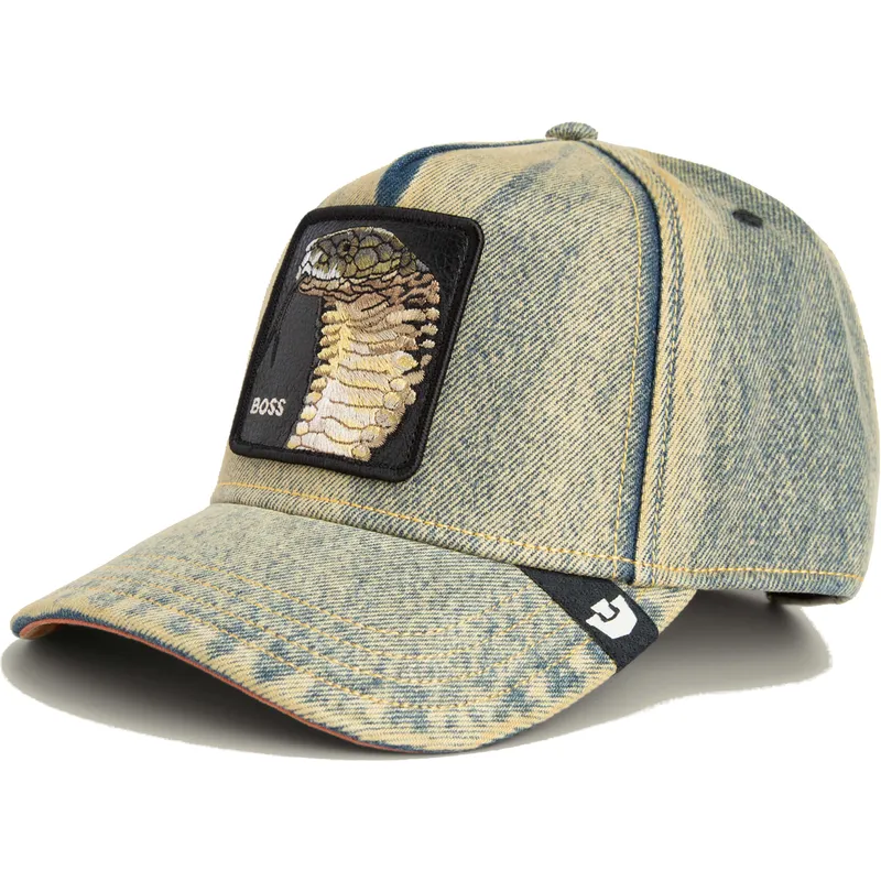 goorin-bros-the-farm-the-showdown-pit-boss-snapback-kappe-mit-gebogenem-schirm-in-blauem-denim-mit-schlangenmotiv