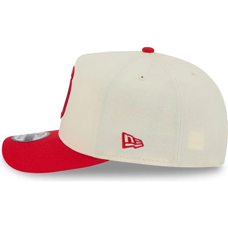 cappellino-visiera-curva-beige-e-rosso-snapback-9fifty-a-frame-precurved-hardwood-classics-di-houston-rockets-nba-di-new-era