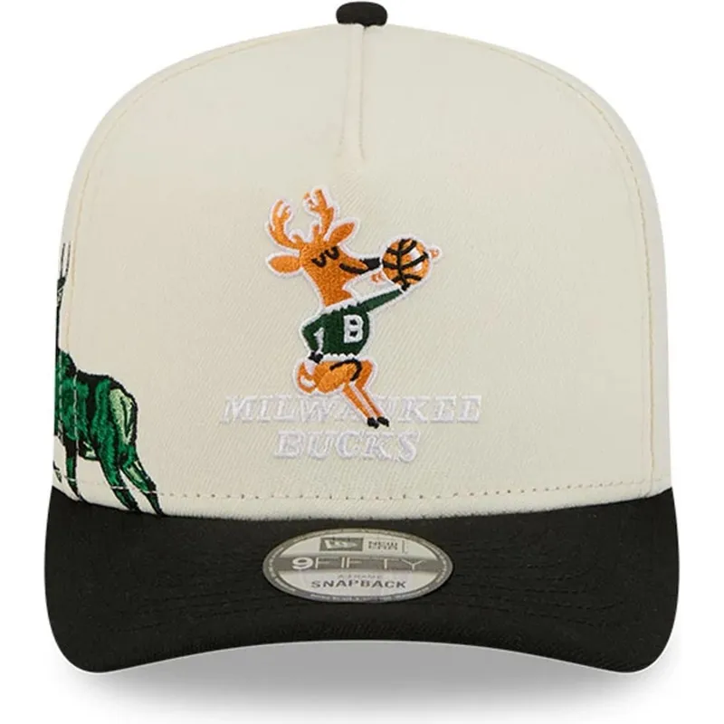 beige-und-schwarze-gebogene-snapback-kappe-9fifty-a-frame-precurved-hardwood-classics-der-milwaukee-bucks-nba-von-new-era