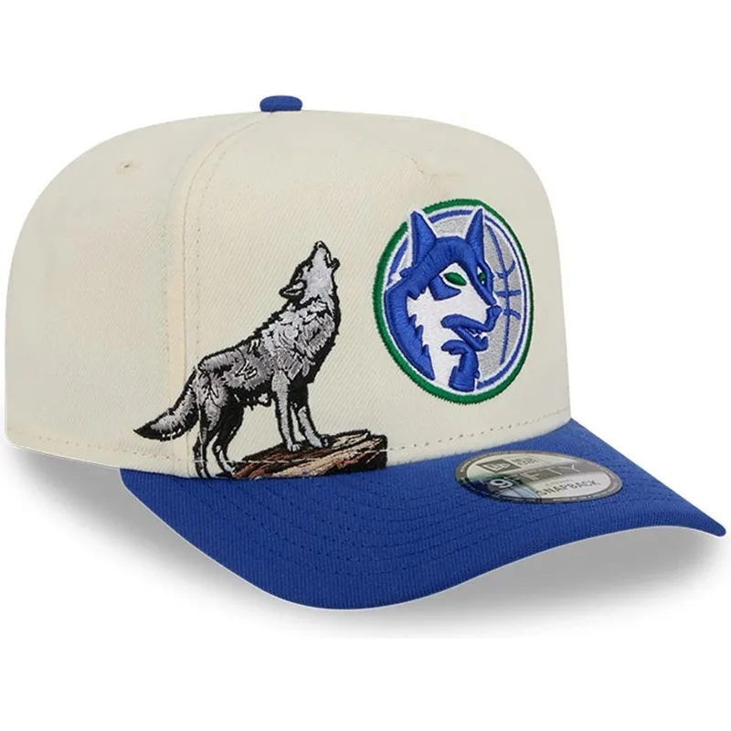 cappellino-curvo-beige-e-blu-snapback-9fifty-a-frame-precurved-hardwood-classics-dei-minnesota-timberwolves-nba-di-new-era
