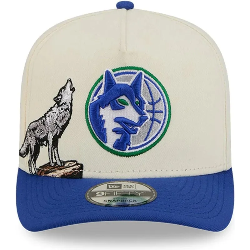 cappellino-curvo-beige-e-blu-snapback-9fifty-a-frame-precurved-hardwood-classics-dei-minnesota-timberwolves-nba-di-new-era