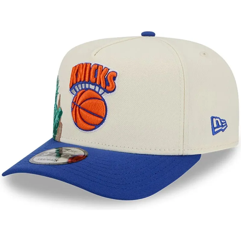 beige-und-blaue-snapback-kappe-9fifty-a-frame-precurved-hardwood-classics-der-new-york-knicks-nba-von-new-era