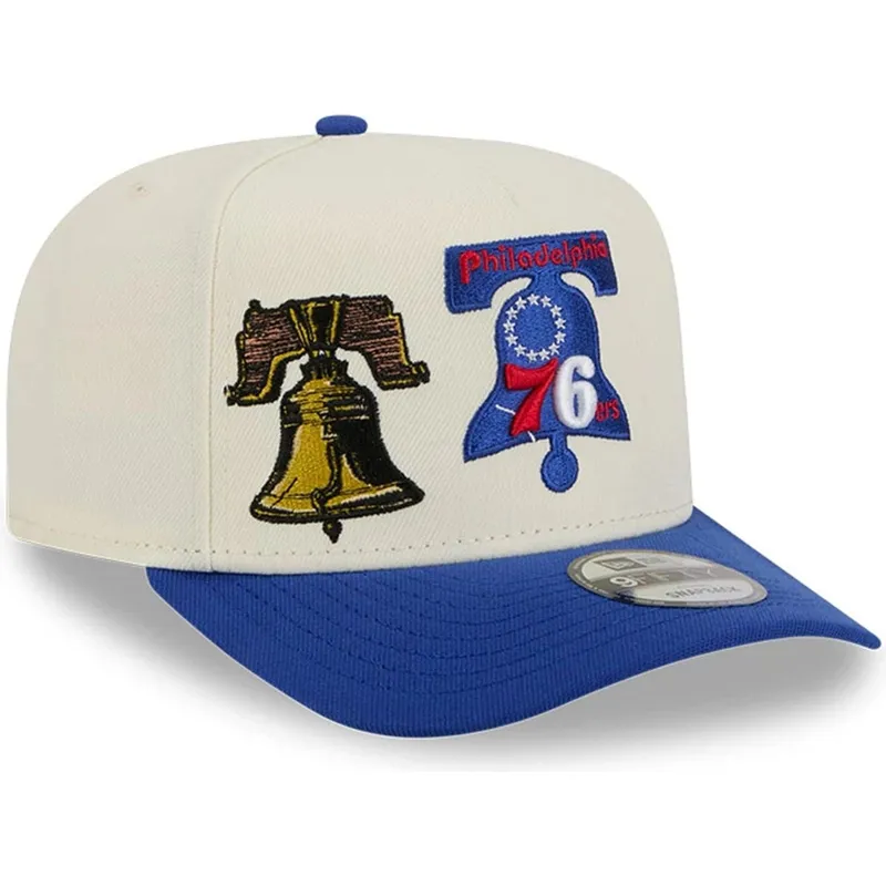 cappellino-visiera-curva-beige-e-blu-snapback-9fifty-a-frame-precurved-hardwood-classics-di-philadelphia-76ers-nba-di-new-era