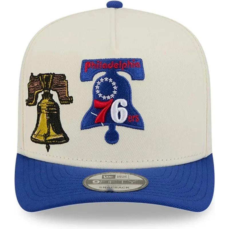 cappellino-curvo-beige-e-blu-snapback-9fifty-a-frame-precurved-hardwood-classics-dei-philadelphia-76ers-nba-di-new-era