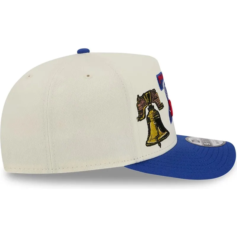cappellino-visiera-curva-beige-e-blu-snapback-9fifty-a-frame-precurved-hardwood-classics-di-philadelphia-76ers-nba-di-new-era