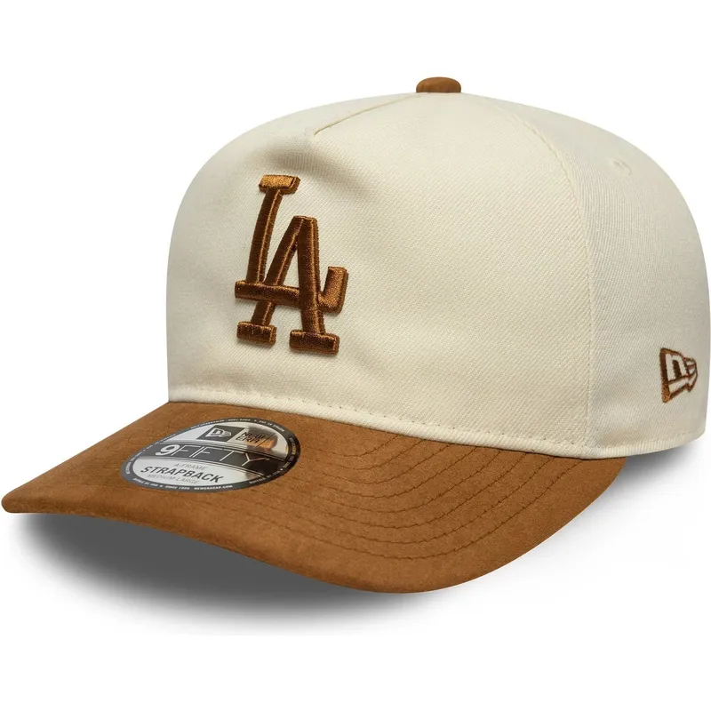 gorra-curva-beige-y-marron-ajustable-9fifty-a-frame-suede-visor-de-los-angeles-dodgers-mlb-de-new-era