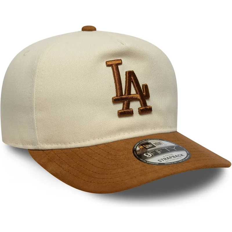 gorra-curva-beige-y-marron-ajustable-9fifty-a-frame-suede-visor-de-los-angeles-dodgers-mlb-de-new-era