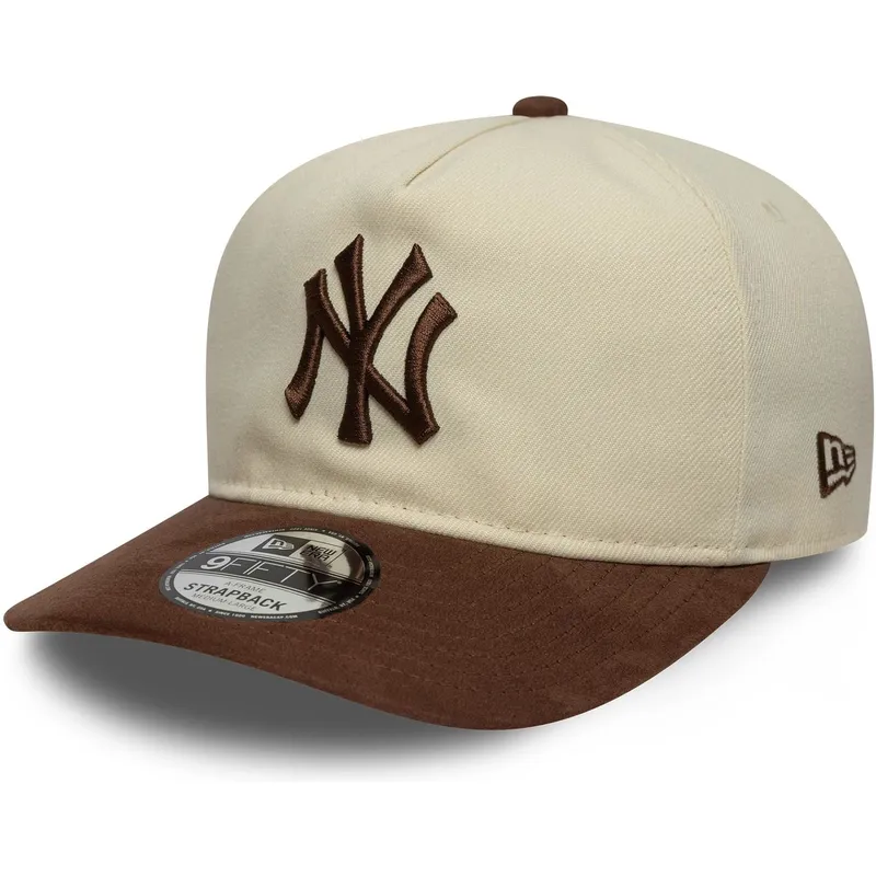 cappellino-curvo-beige-e-marrone-regolabile-9fifty-a-frame-suede-visor-di-new-york-yankees-mlb-di-new-era