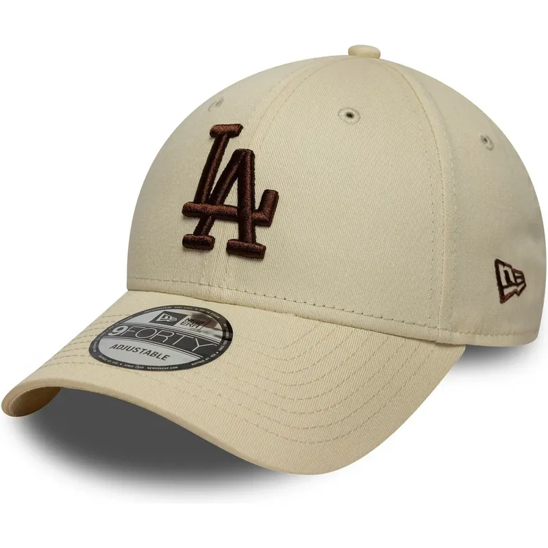 new-era-curved-brim-brown-logo-9forty-league-essential-los-angeles-dodgers-mlb-beige-adjustable-cap