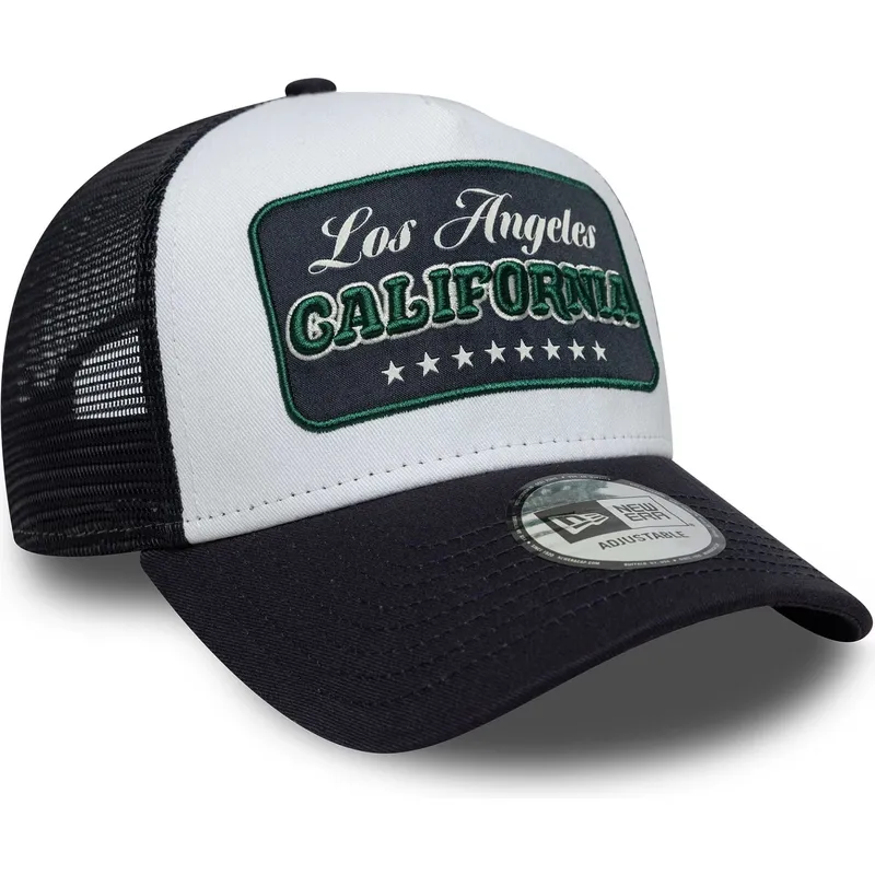 cappellino-trucker-bianco-e-blu-navy-a-frame-location-di-los-angeles-citta-e-spiagge-california-di-new-era