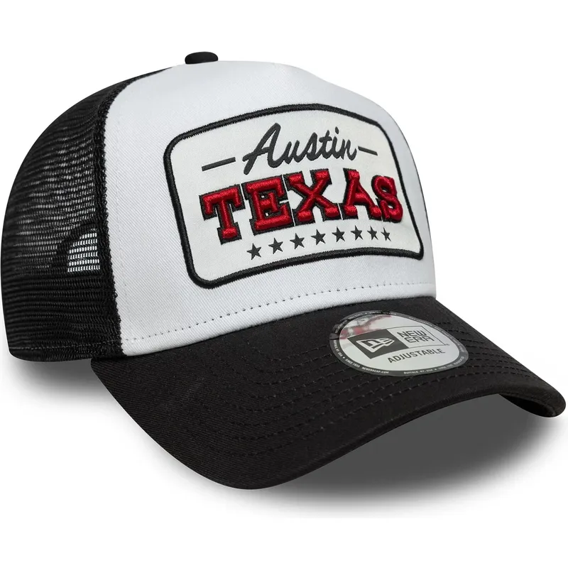 casquette-trucker-blanche-et-noire-a-frame-location-austin-villes-et-plages-texas-new-era