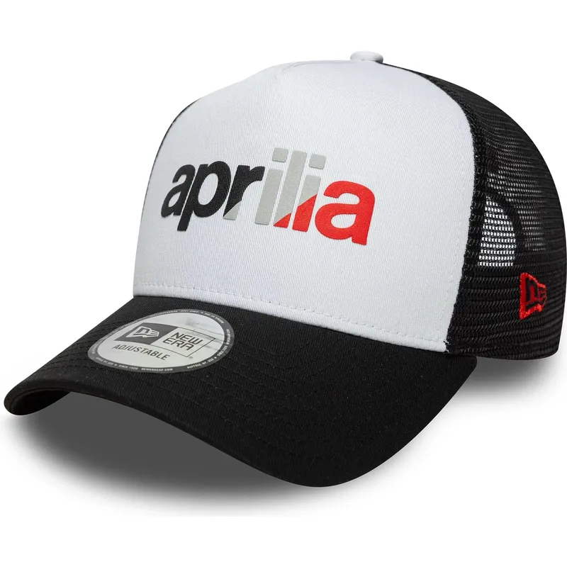 casquette-trucker-blanche-et-noire-a-frame-wordmark-aprilia-piaggio-new-era