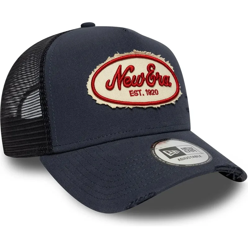 keps-trucker-marinbla-a-frame-oval-canvas-distress-fran-new-era