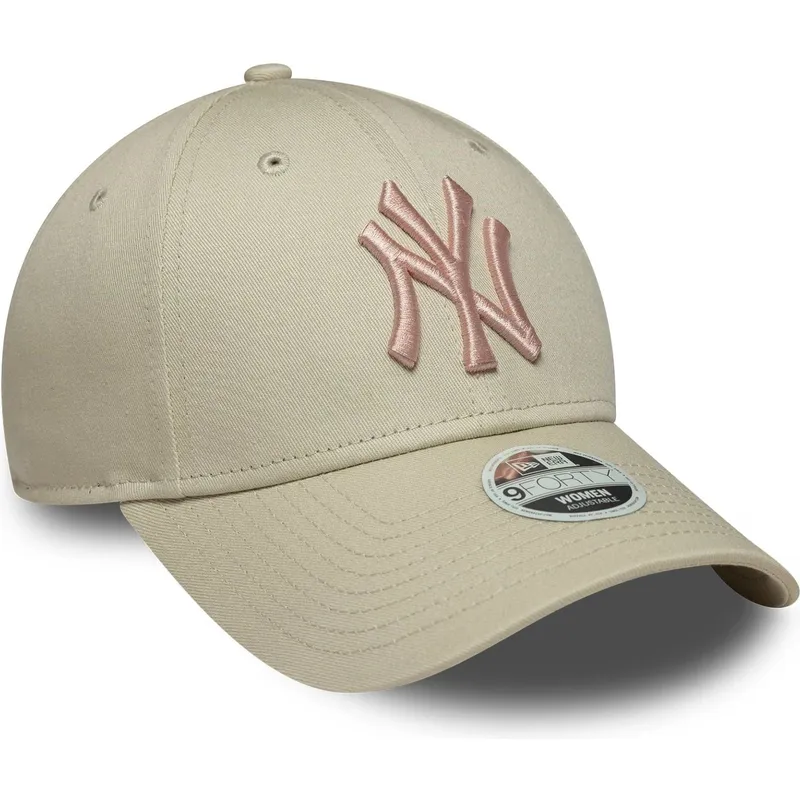 beige-gebogene-verstellbare-kappe-mit-rosa-logo-fur-damen-9forty-league-essential-der-new-york-yankees-mlb-von-new-era