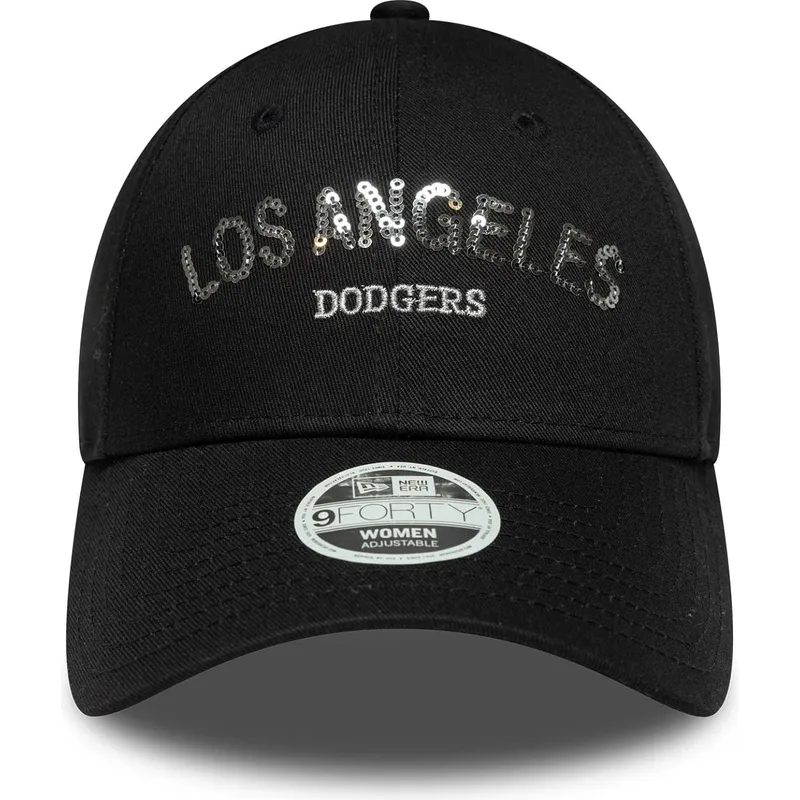 schwarze-verstellbare-curved-cap-fur-damen-9forty-sequin-wordmark-der-los-angeles-dodgers-mlb-von-new-era