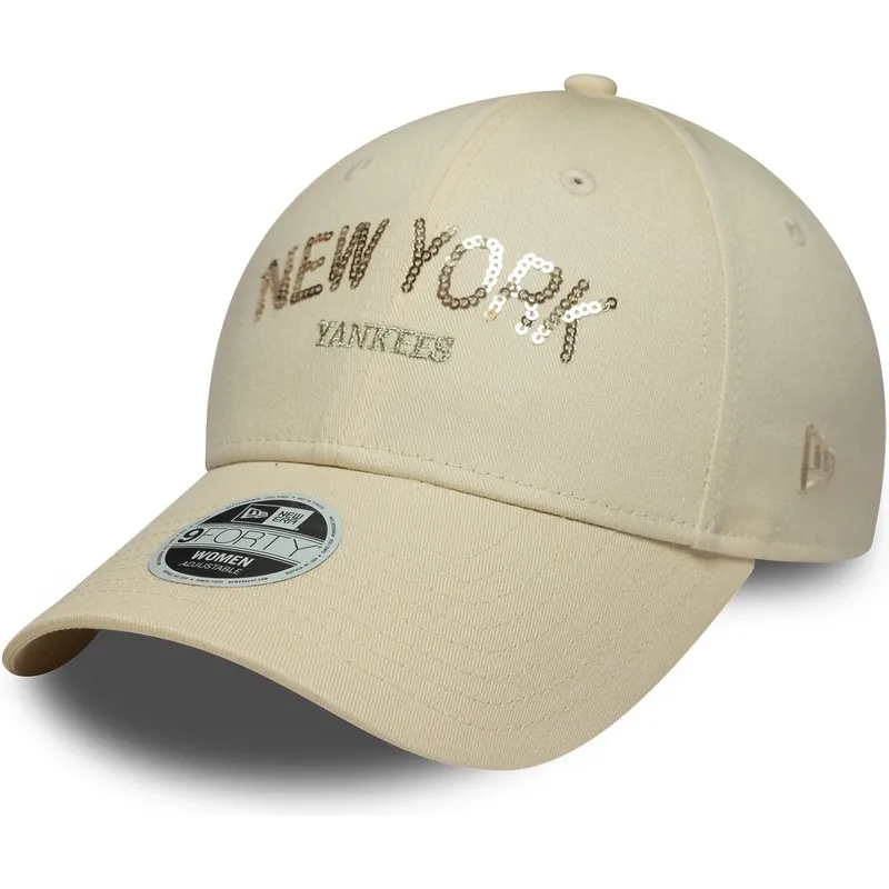 new-era-curved-brim-women-9forty-sequin-wordmark-new-york-yankees-mlb-beige-adjustable-cap