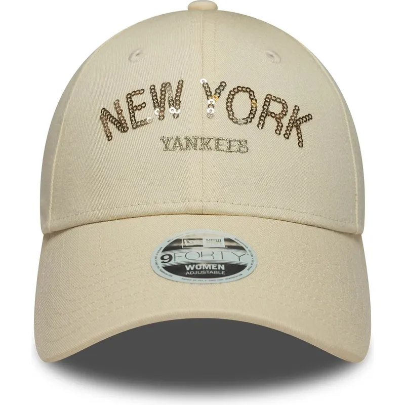 casquette-courbee-beige-ajustable-pour-femme-9forty-sequin-wordmark-new-york-yankees-mlb-new-era