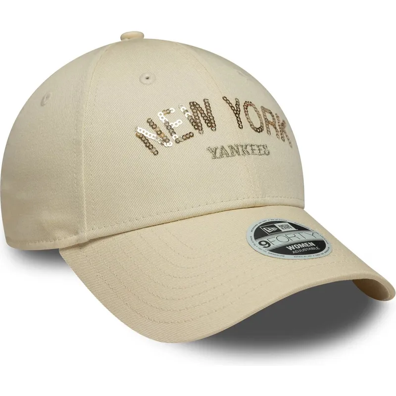 cappellino-curvo-beige-regolabile-da-donna-9forty-sequin-wordmark-dei-new-york-yankees-mlb-di-new-era