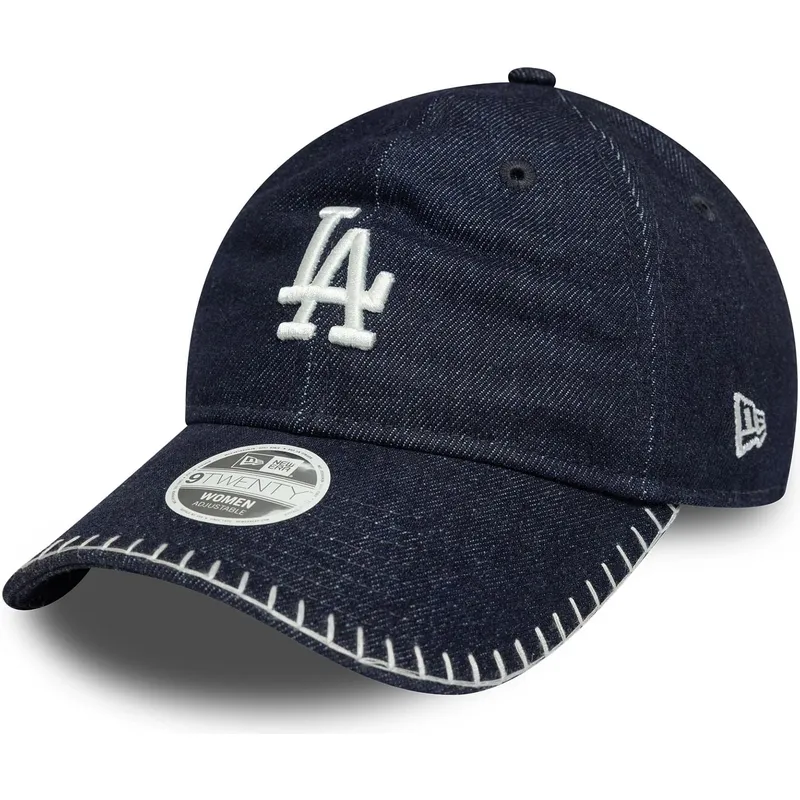 marineblaue-gebogene-verstellbare-damenkappe-9twenty-denim-stitch-der-los-angeles-dodgers-mlb-von-new-era