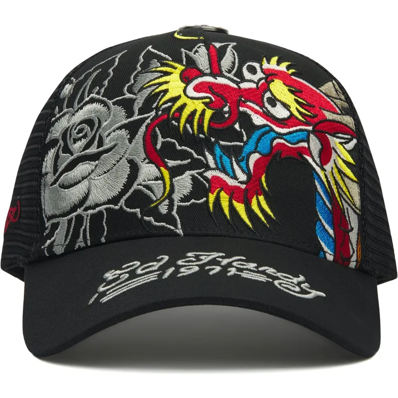 svart-trucker-keps-dragon-and-roses-graphic-fran-ed-hardy
