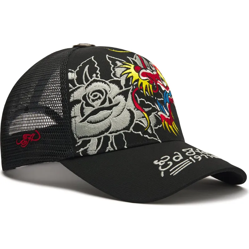 svart-trucker-keps-dragon-and-roses-graphic-fran-ed-hardy