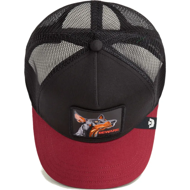 cappellino-trucker-nero-e-rosso-cane-dobermann-beware-the-farm-di-goorin-bros