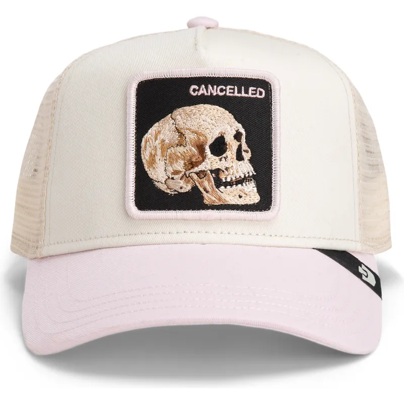 gorra-trucker-beige-y-rosa-calavera-the-cancelled-skull-whisper-the-farm-de-goorin-bros