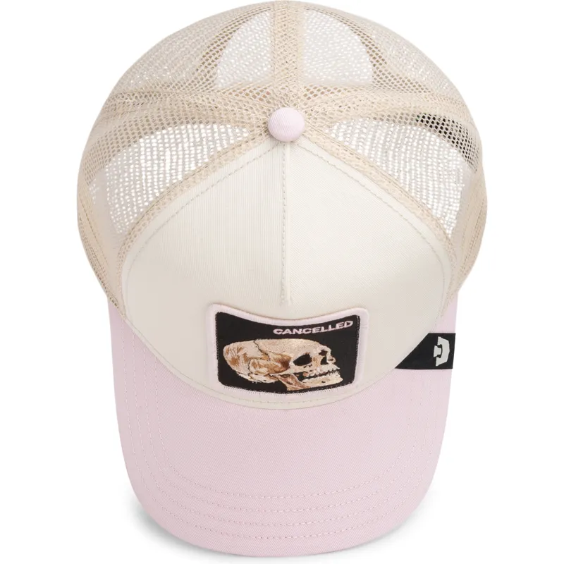 gorra-trucker-beige-y-rosa-calavera-the-cancelled-skull-whisper-the-farm-de-goorin-bros