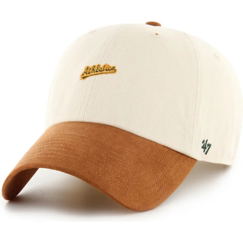 casquette-courbee-beige-et-marron-ajustable-clean-up-mini-script-suede-visor-oakland-athletics-mlb-47-brand