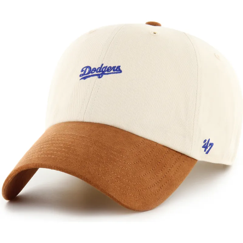 cappellino-curvo-beige-e-marrone-regolabile-clean-up-mini-script-suede-visor-di-los-angeles-dodgers-mlb-di-47-brand
