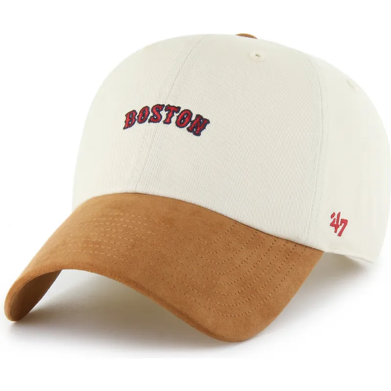 bezowo-brazowa-regulowana-czapka-z-zakrzywionym-daszkiem-clean-up-mini-script-suede-visor-boston-red-sox-mlb-od-47-brand