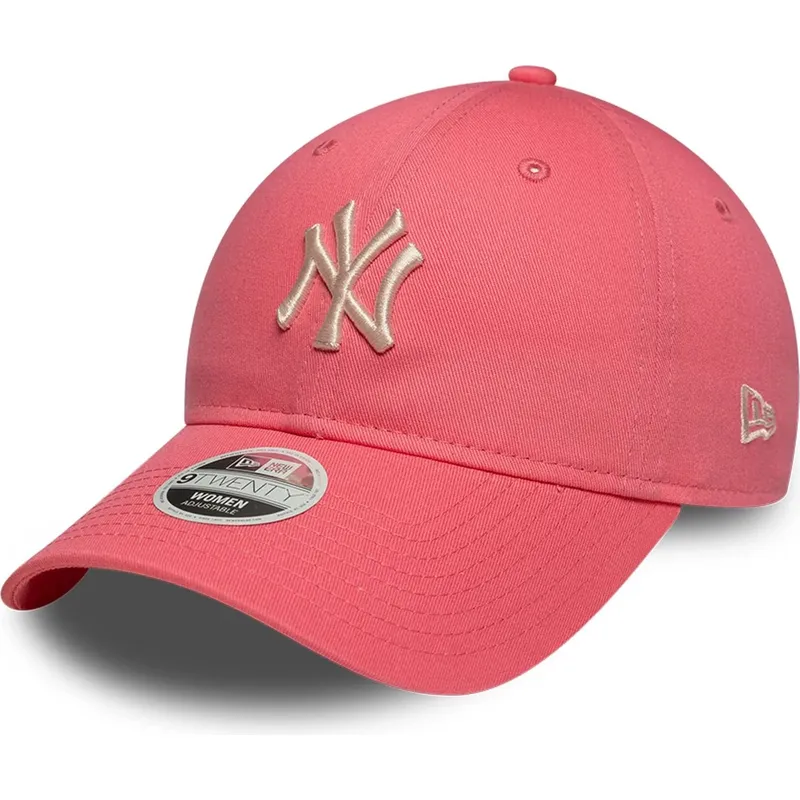 new-era-curved-brim-women-9twenty-league-essential-midi-new-york-yankees-mlb-pink-adjustable-cap-with-beige-logo